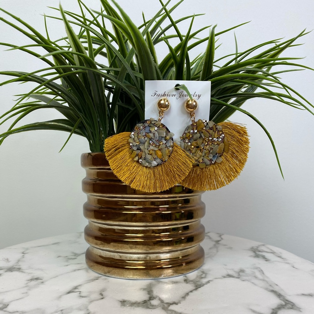 ‼️ Mustard Olive Blue Stone Diamond Fan Earrings - Picture 8 of 8